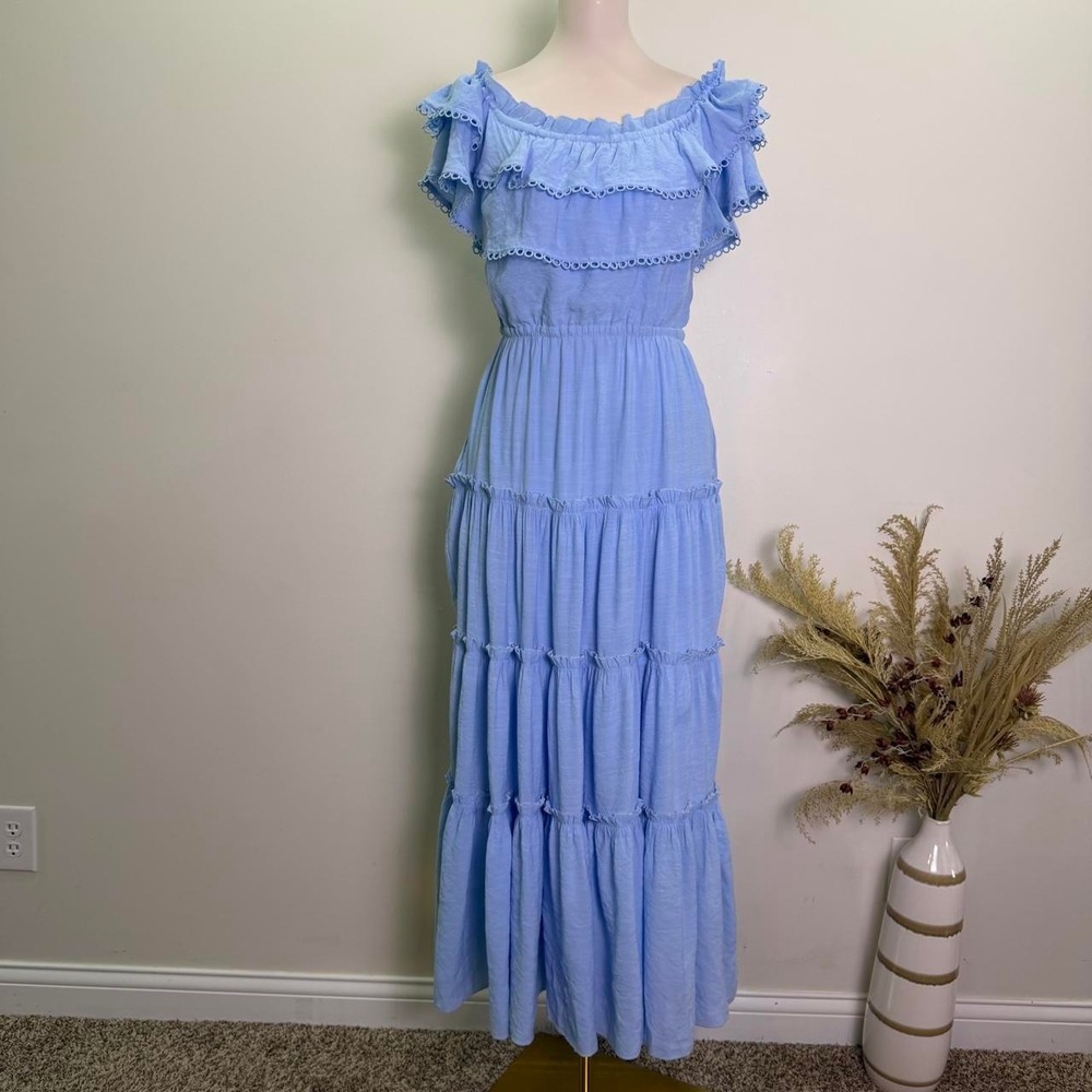 Crown & Ivy Size L Blue Eyelet Ruffle Tiered Maxi Dress with Pockets